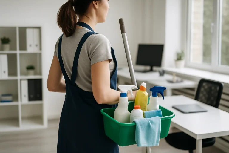 Intérieur de bureau bien nettoyé avec des produits de nettoyage en arrière-plan.
