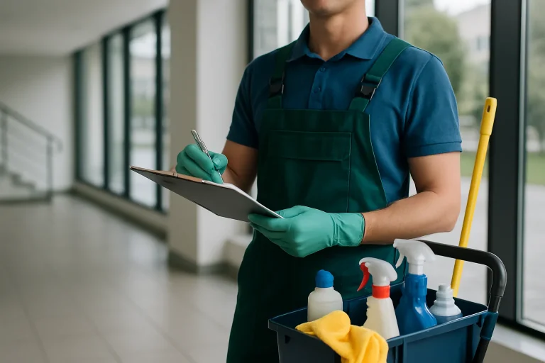 Un agent de nettoyage dans un bureau moderne à Mont-Saint-Aignan, utilisant des produits écologiques.