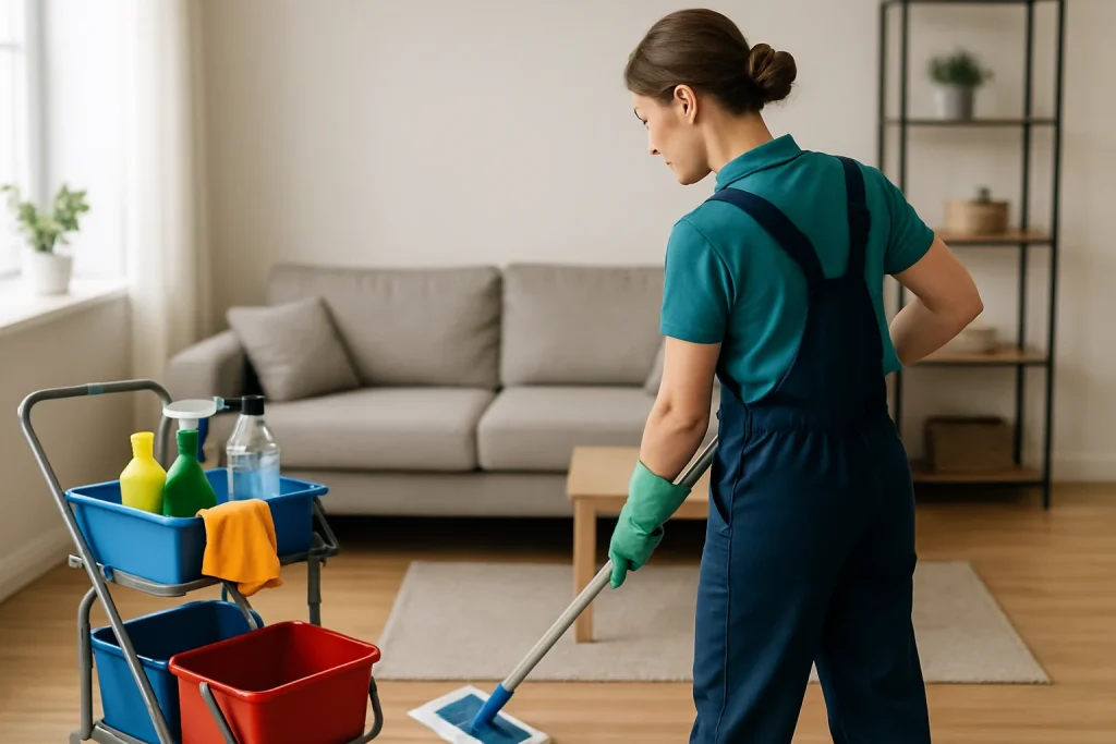 Intérieur d'une maison à AUMALE, nettoyé avec soin et professionnalisme, mettant en avant des produits de nettoyage.