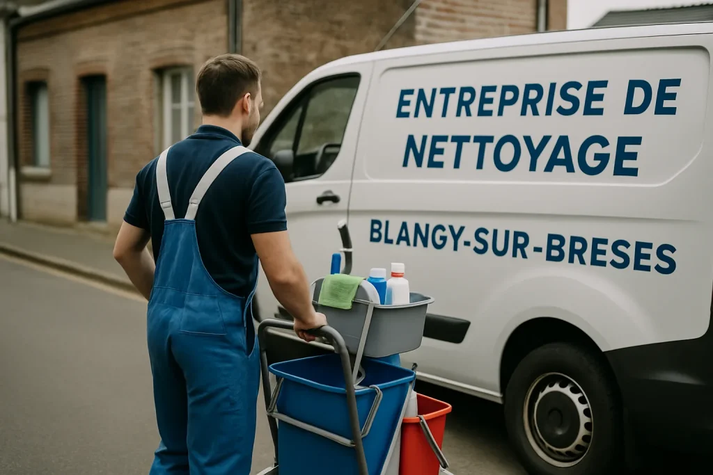 Un homme en uniforme de nettoyage nettoyant un appartement à Blangy-sur-Bresle.
