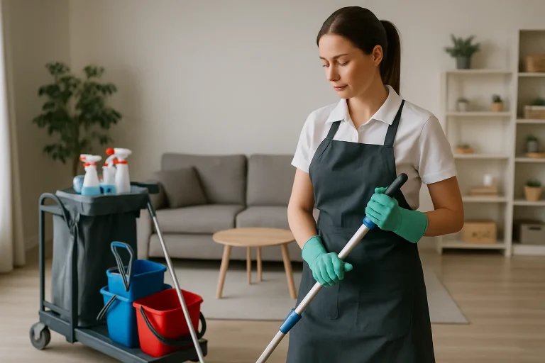 Équipe de nettoyage à Caudebec-les-Elbeuf utilisant des équipements modernes dans un appartement.