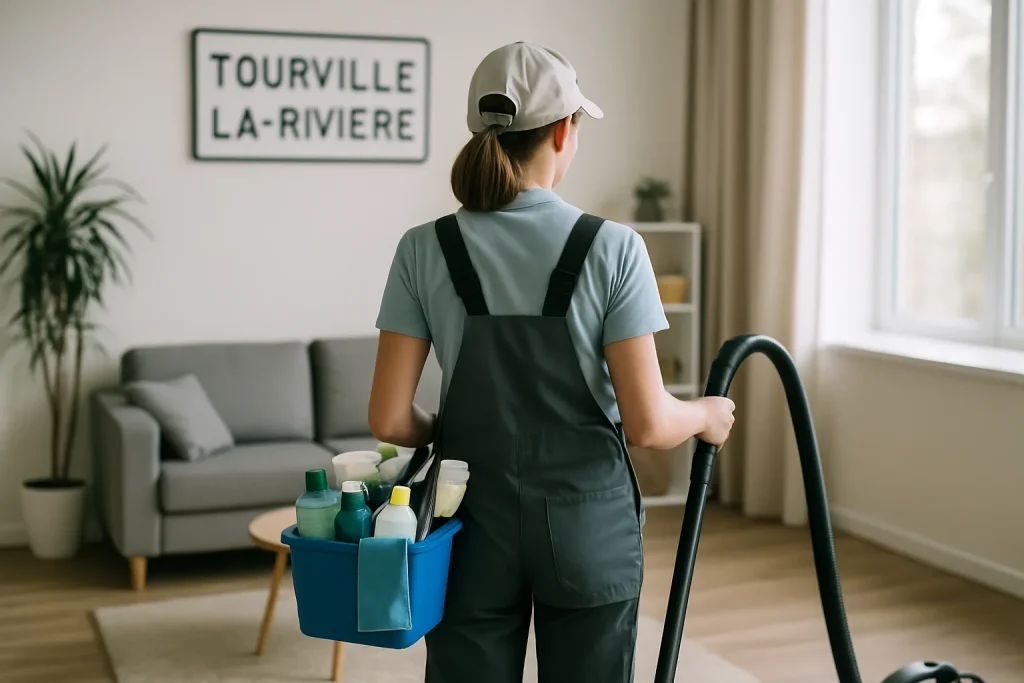 Un agent de nettoyage dans un appartement insalubre à Tourville-la-Rivière, utilisant des produits de désinfection.