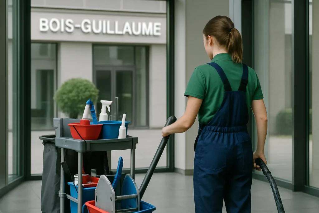 Équipe de nettoyage professionnelle à Bois-Guillaume s'occupant d'un espace public.