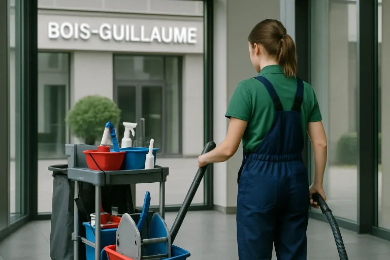 Équipe de nettoyage professionnelle à Bois-Guillaume s'occupant d'un espace public.