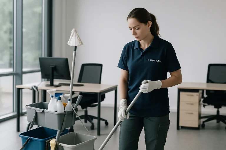 Travailleurs de nettoyage dans un appartement à Darnetal utilisant des produits écologiques.