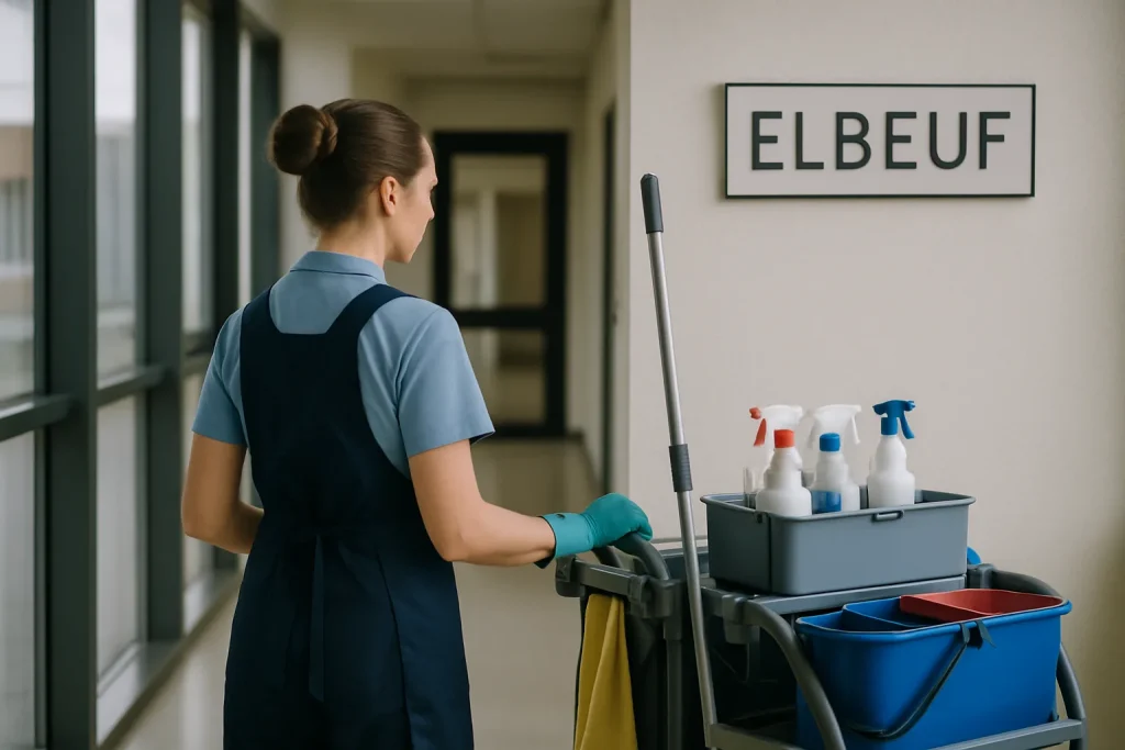 Un agent de nettoyage nettoyant un appartement insalubre à Elbeuf avec des équipements spécialisés.
