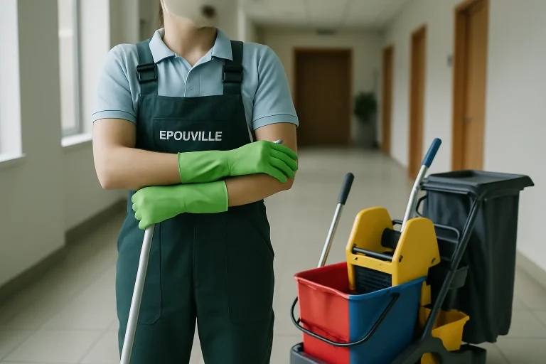 Un agent de nettoyage à Épouville utilisant des équipements modernes dans un appartement.