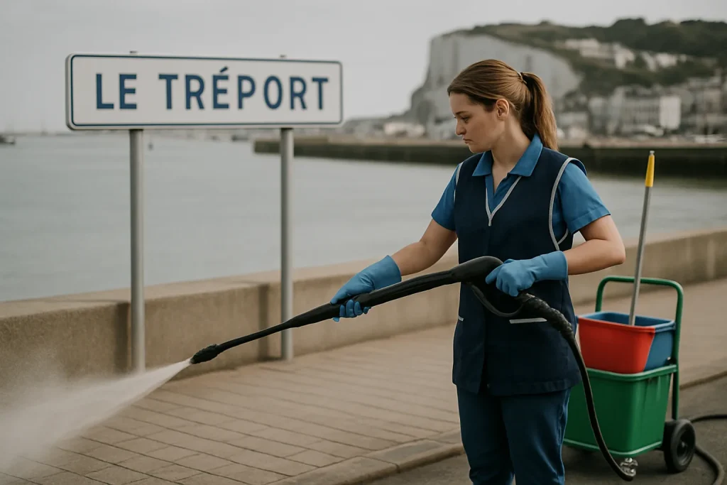 Agent de nettoyage désinfectant un bureau à Le Tréport avec des produits adaptés.