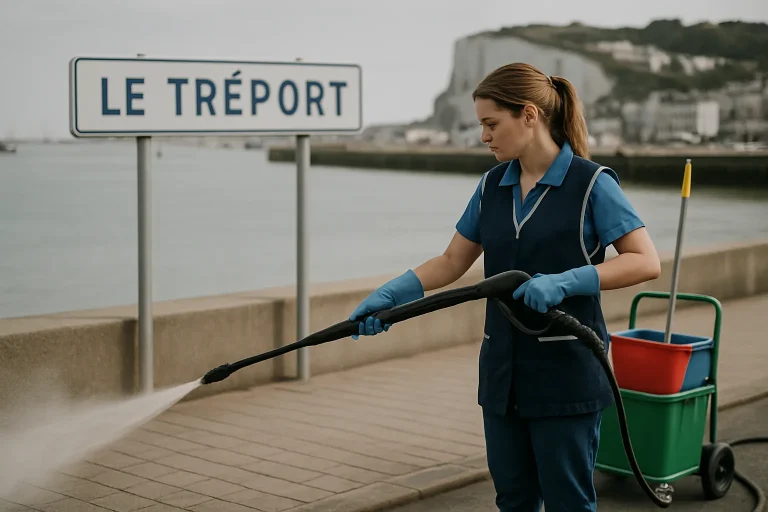 Agent de nettoyage désinfectant un bureau à Le Tréport avec des produits adaptés.