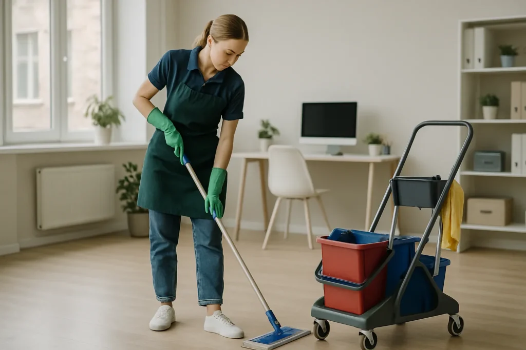 Professionnels du nettoyage s'occupant d'un appartement à Fontaine-la-Mallet.