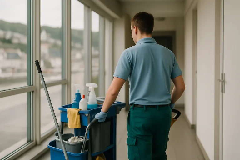 Un technicien de nettoyage effectuant des travaux dans un appartement à Saint-Valery-en-Caux.