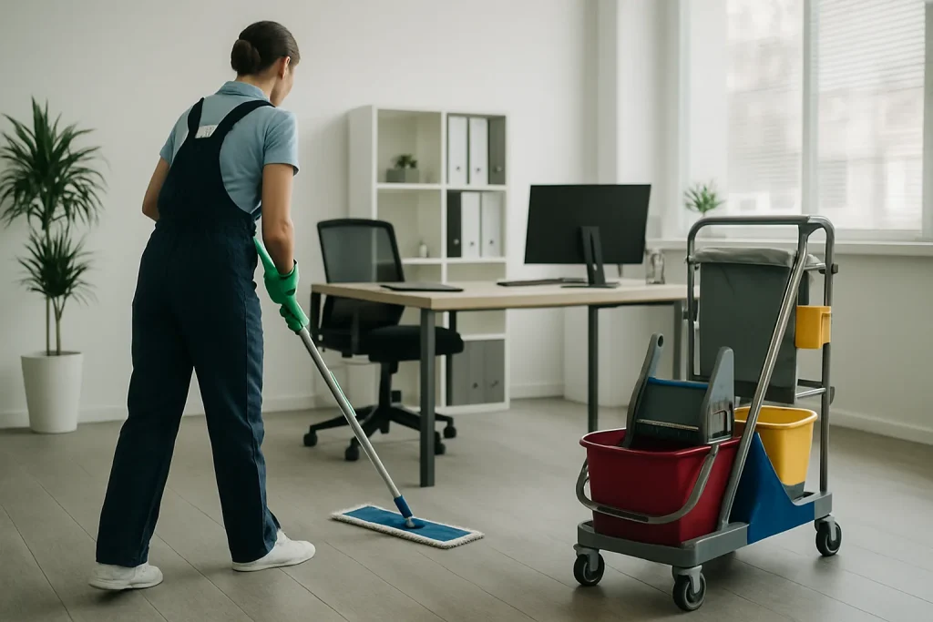 Un employé d'une entreprise de nettoyage désinfectant un bureau à EU avec des produits écologiques.