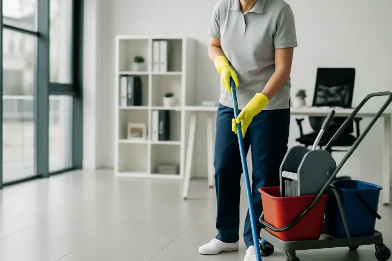 Équipe professionnelle nettoyant un appartement à Le Houlme avec des équipements modernes.