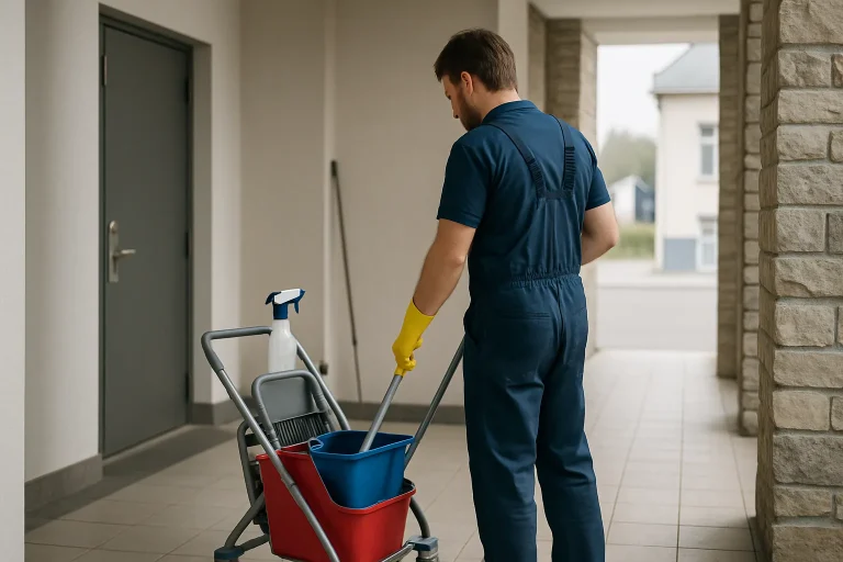 Un technicien nettoyant un appartement insalubre à La Mailleraye-sur-Seine, montrant l'efficacité des services.