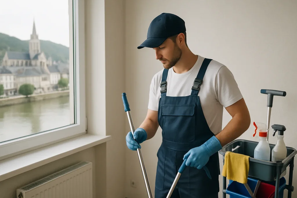 Un agent de nettoyage dans un bureau à Caudebec-en-Caux, utilisant des produits écologiques.