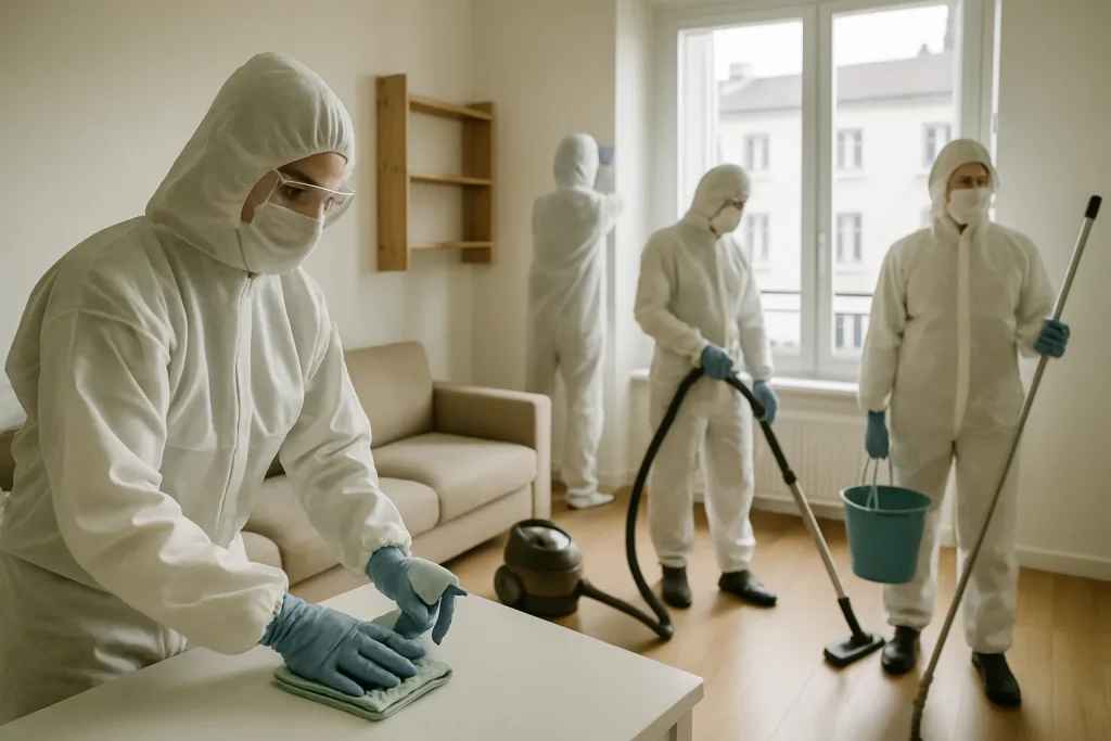 Équipe de nettoyage en combinaison protectrice dans un appartement à Rouen
