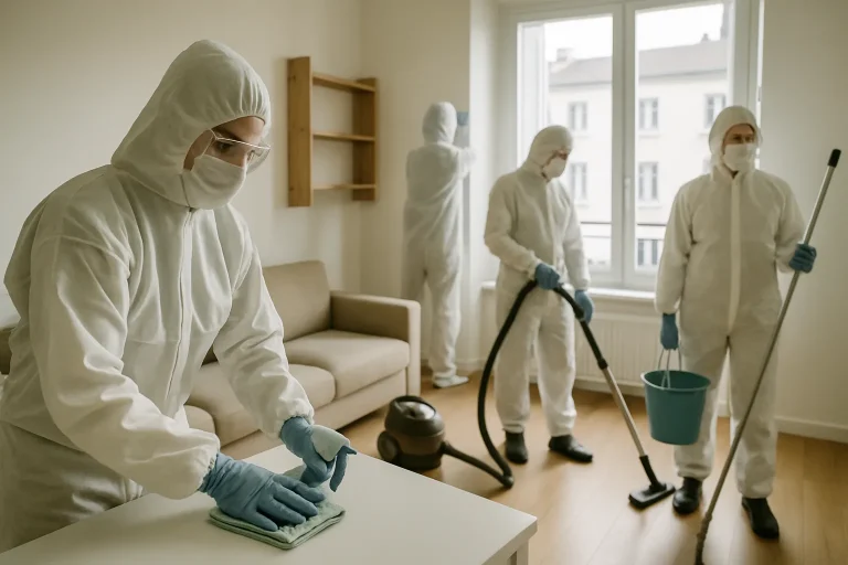 Équipe de nettoyage en combinaison protectrice dans un appartement à Rouen