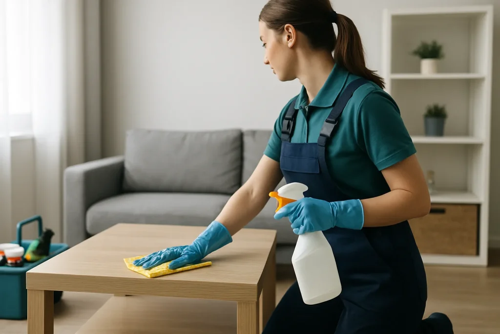 Professionnels du nettoyage travaillant dans un appartement à Belbeuf avec des produits écologiques.