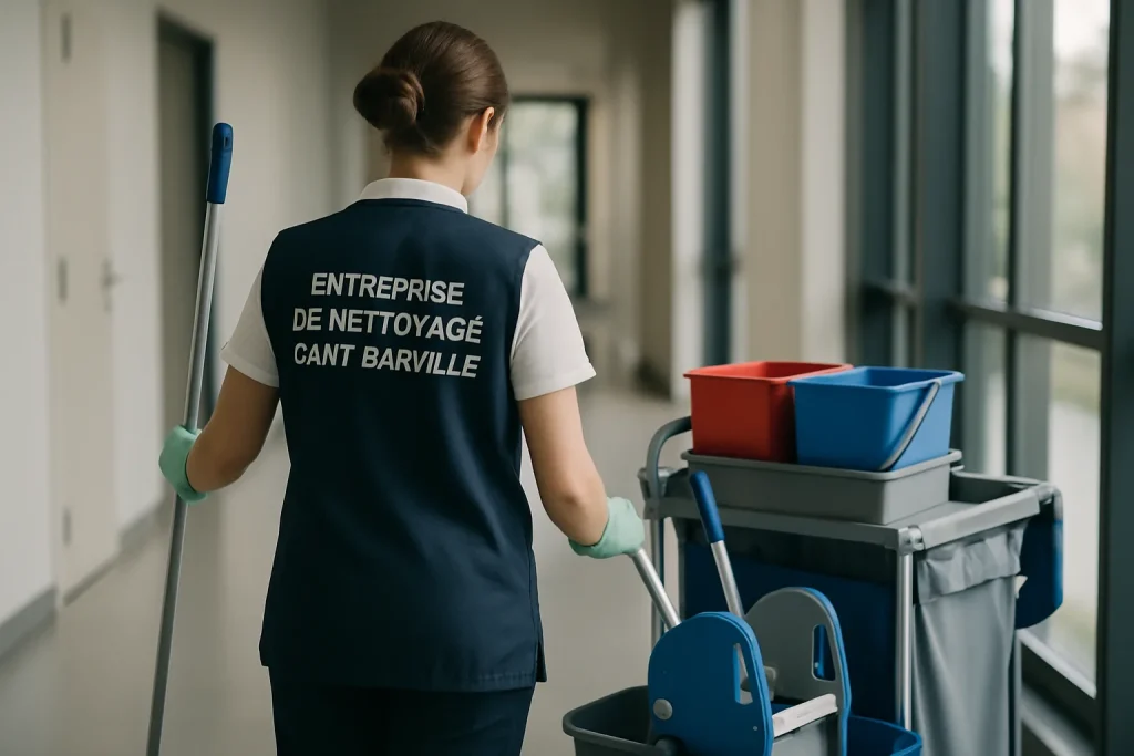 Un agent de nettoyage désinfecte un bureau à Cany-Barville avec des produits adaptés.