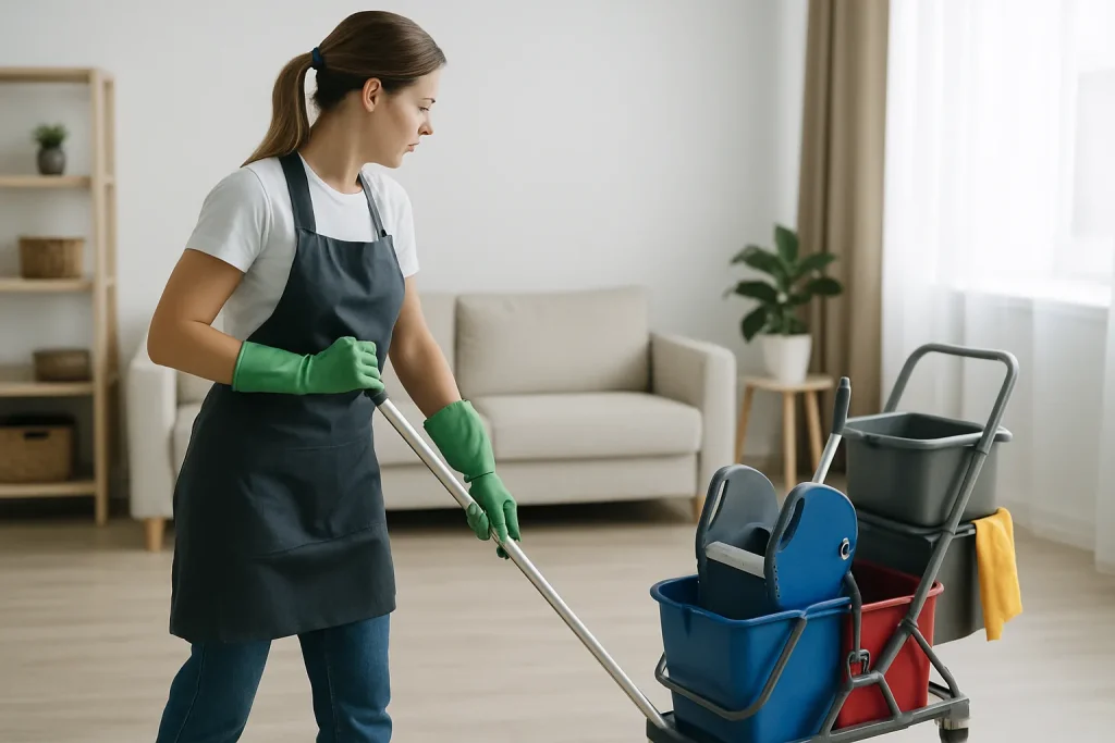 Un technicien de nettoyage à DOUDEVILLE utilisant un aspirateur dans un appartement.