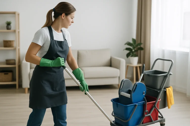 Un technicien de nettoyage à DOUDEVILLE utilisant un aspirateur dans un appartement.