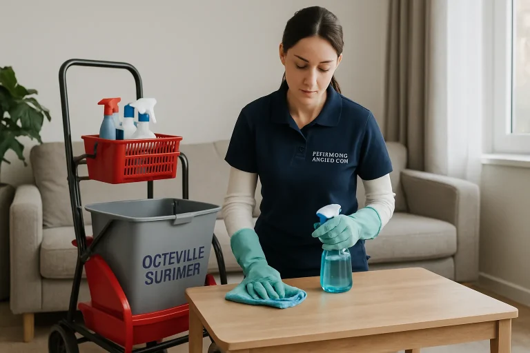 Un professionnel du nettoyage travaille dans un appartement d'Octeville-sur-Mer avec des produits de nettoyage.