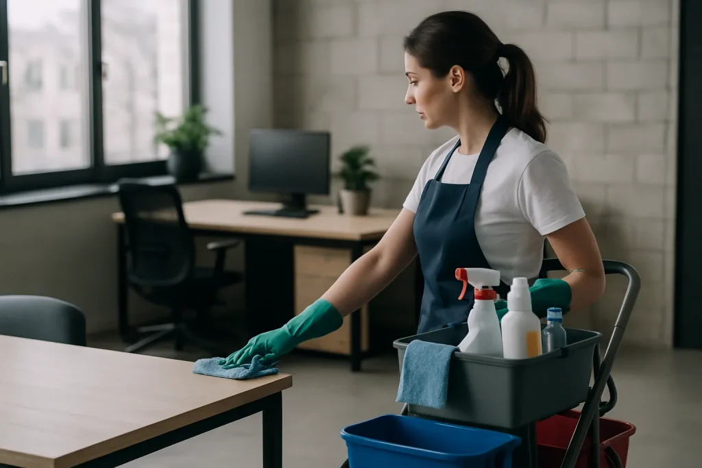 Professionnel du nettoyage dans un appartement à Saint-Romain-de-Colbosc avec des équipements modernes.