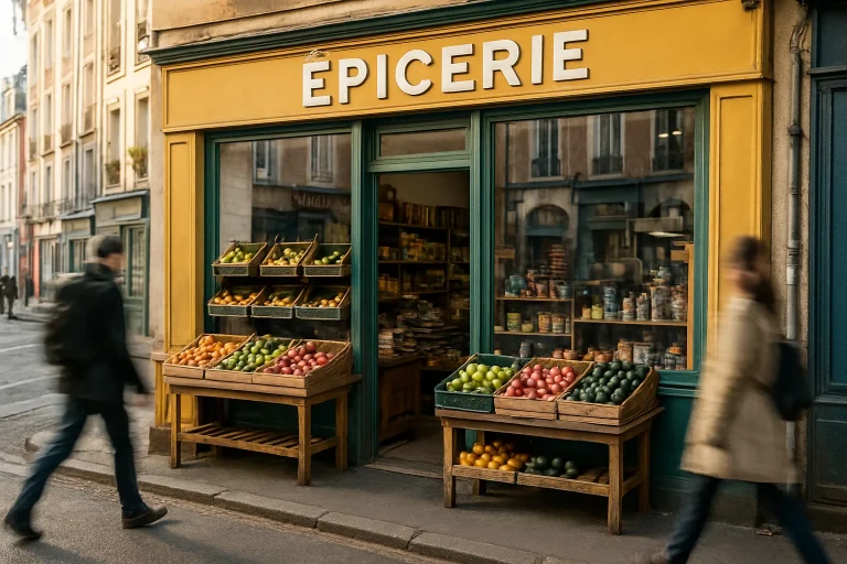 Extérieur d'une épicerie à Dieppe, rue animée, passants flous.