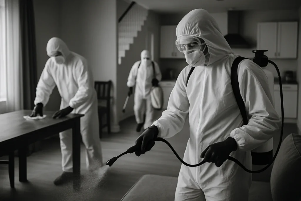 Des professionnels désinfectent une maison après une infestation de nuisibles, utilisant des outils spécialisés.
