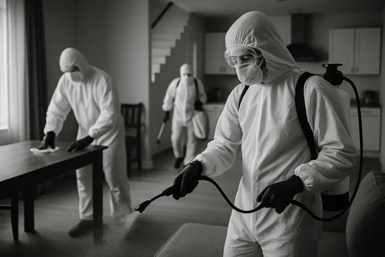 Des professionnels désinfectent une maison après une infestation de nuisibles, utilisant des outils spécialisés.