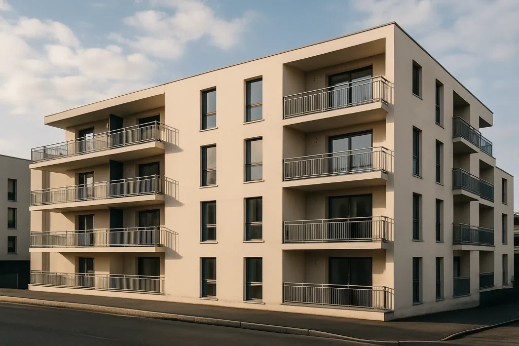 Façade d'un immeuble moderne à Mont-Saint-Aignan, vue extérieure, ciel nuageux.