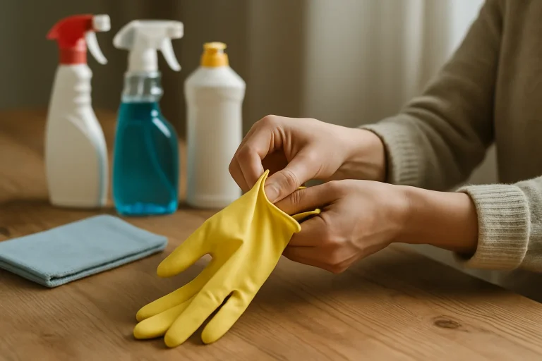 Mains enfilant des gants en caoutchouc, produits de nettoyage sur une table en bois