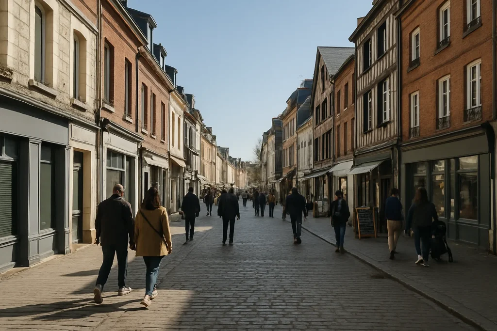 Rue animée en Seine-Maritime un samedi matin, passants et façades de bâtiments.