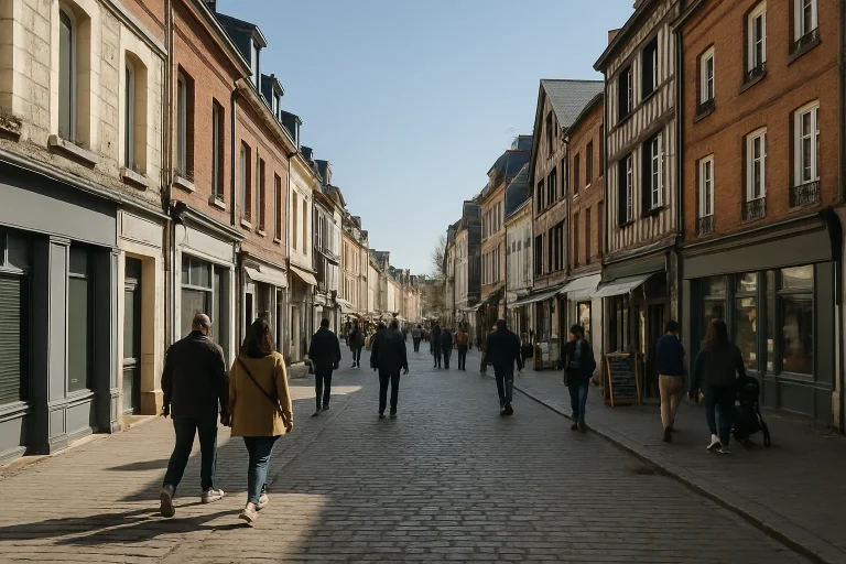 Rue animée en Seine-Maritime un samedi matin, passants et façades de bâtiments.