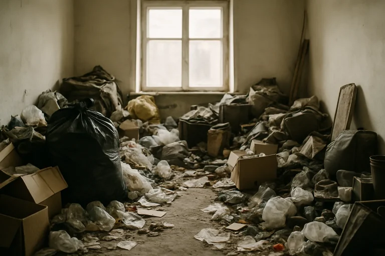 Pièce encombrée avec beaucoup de déchets sous lumière naturelle, vue d'ensemble