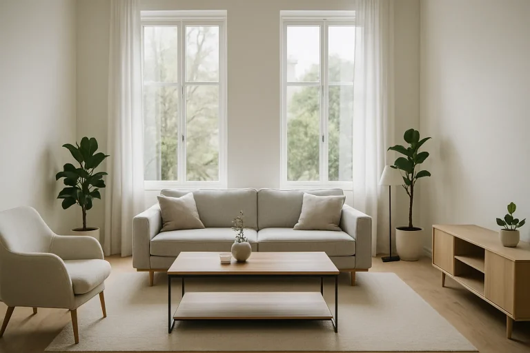 Salon moderne et lumineux au Havre, nettoyé professionnellement pour la vente