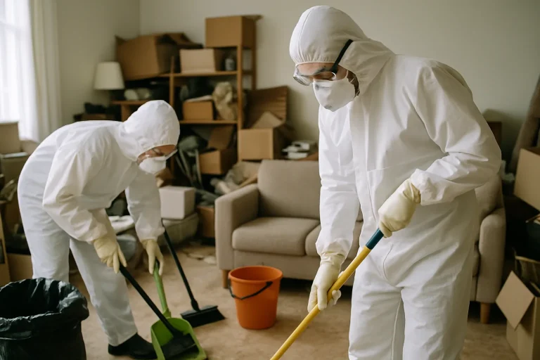 Professionnels en combinaison de protection nettoyant une pièce encombrée à Yvetot.