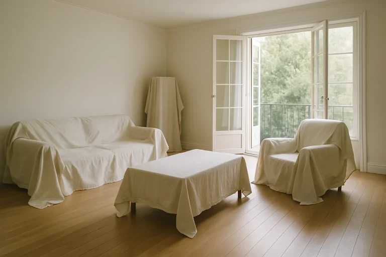 Salon vidé avec meubles couverts de draps et grandes fenêtres ouvertes, près d'Yvetot.