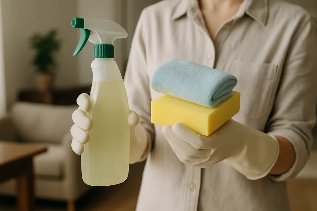 Mains gantées tenant des produits de nettoyage dans un intérieur de maison.