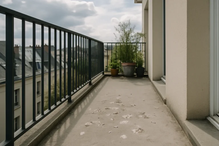Balcon à Rouen avec fientes de pigeon sur le sol, balustrade métallique, ciel nuageux