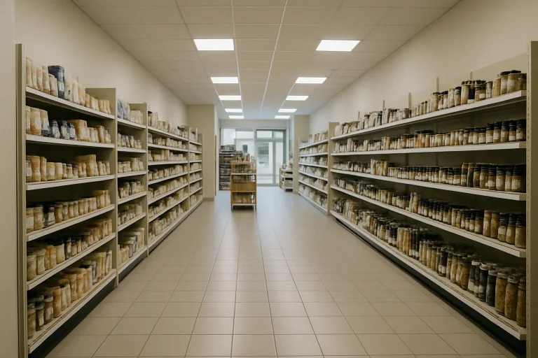 Intérieur d'un commerce à Elbeuf, propre et rangé, après traitement anti-cafard.