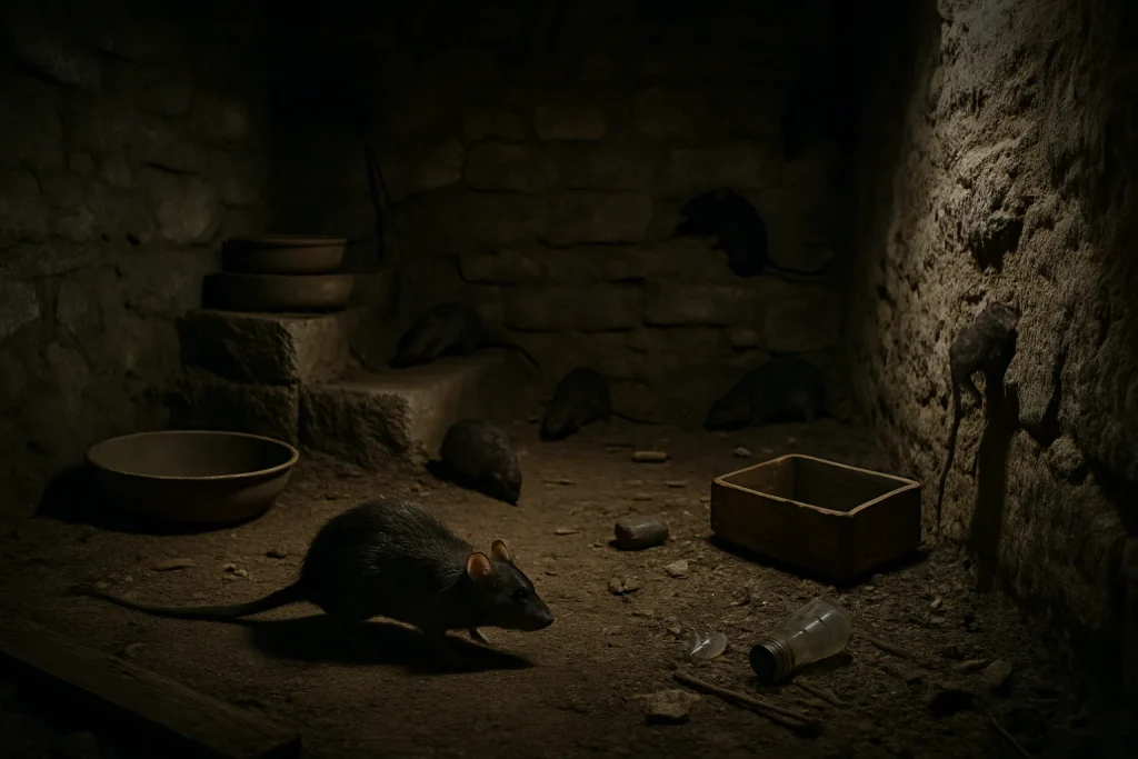 Cave sombre à Rouen avec des signes d'invasion de rats, murs en pierre visibles.