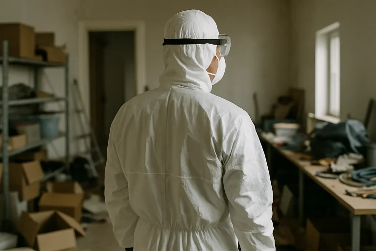 Un professionnel en tenue de protection vu de dos dans une pièce désordonnée.