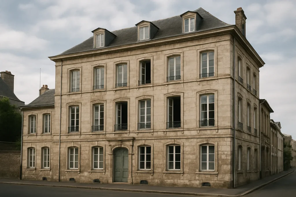 Immeuble en pierre à Dieppe avec fenêtres ouvertes, ciel nuageux.