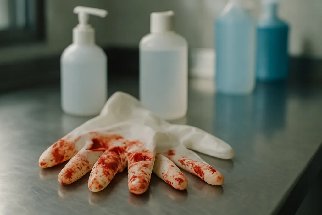 Gros plan sur des gants en latex avec des taches de sang, symbolisant la désinfection.