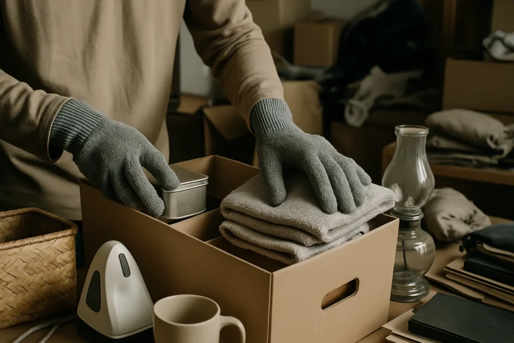Mains en gants organisant des objets dans un intérieur encombré à Sotteville-lès-Rouen