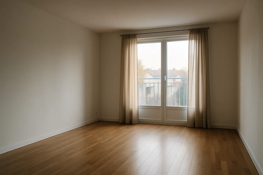 Appartement vide à Elbeuf avec parquet et fenêtre, prêt pour l'état des lieux.