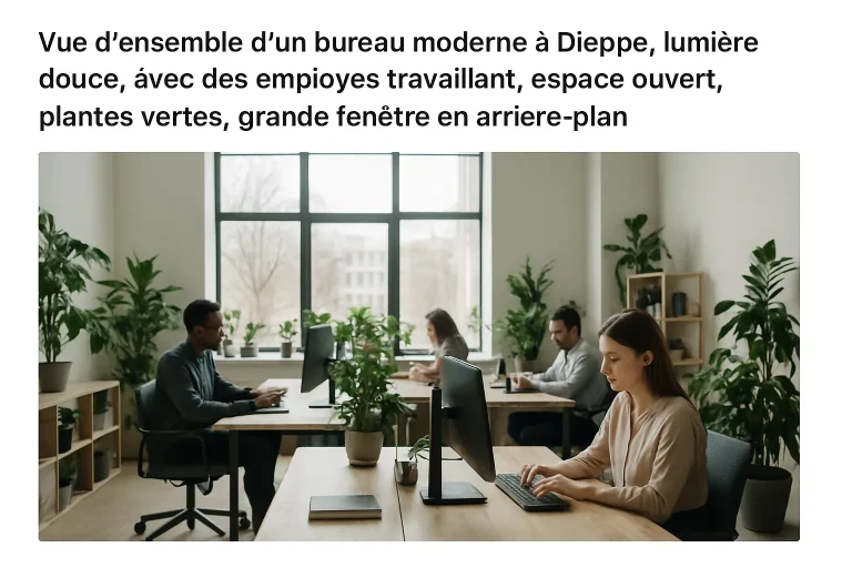 Bureau moderne lumineux à Dieppe avec des employés et des plantes vertes.