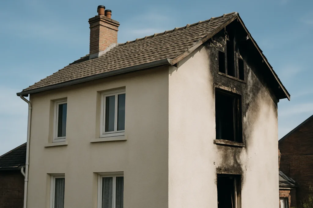 Maison à Bolbec avec des dégâts visibles causés par un incendie, ciel bleu en arrière-plan
