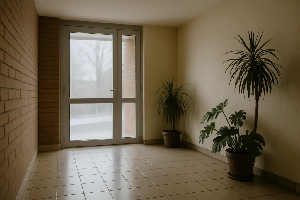 Hall d'immeuble à Elbeuf avec lumière hivernale douce et sol propre.